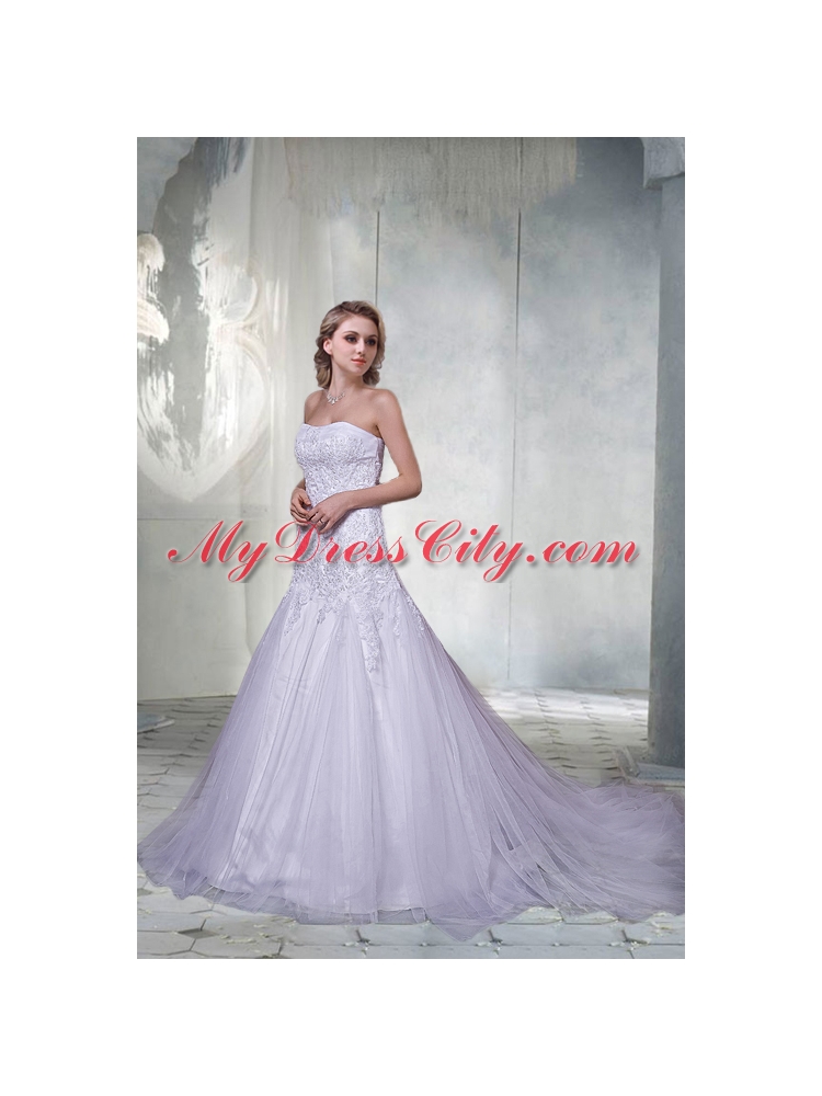 Beautiful A Line Court Train Appliques Wedding Dresses with Strapless