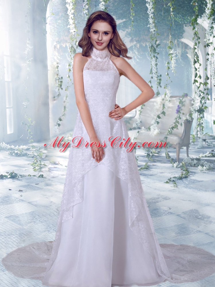 Beautiful A Line Lace and Bowknot Wedding Dress with High Neck