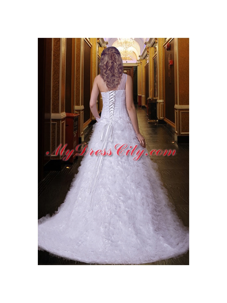 Cheap One Shoulder Brush Train Appliques Wedding Dress with Lace Up