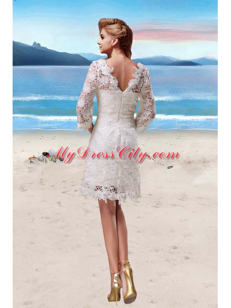 Lace Scoop Short Beach Wedding Dresses in White with 3/4 Sleeves