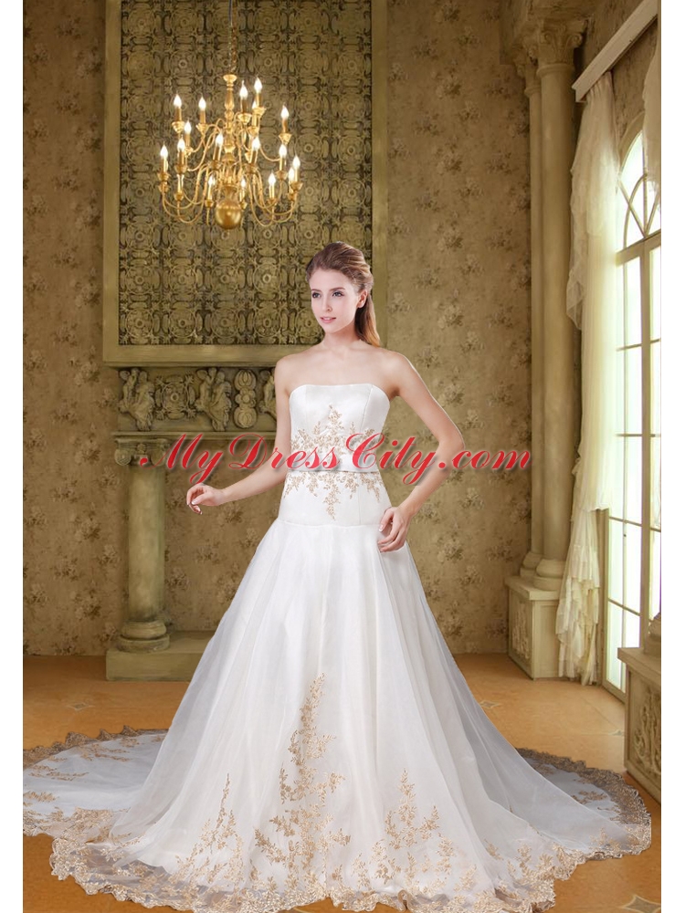 2015 Affordable Strapless Chapel Train Embroidery Wedding Dresses