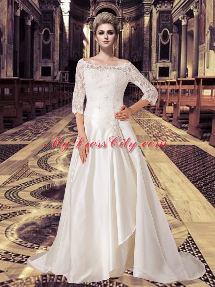 2015 Off Shoulder 3/4 Length Sleeves Lace Wedding Dress