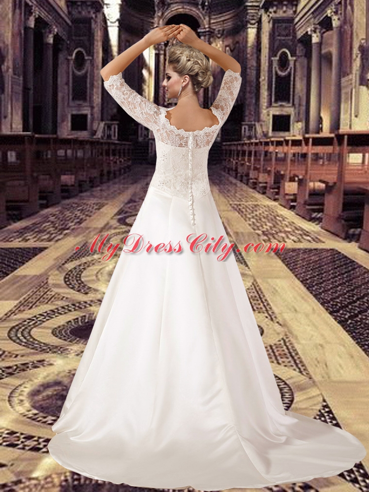 2015 Off Shoulder 3/4 Length Sleeves Lace Wedding Dress