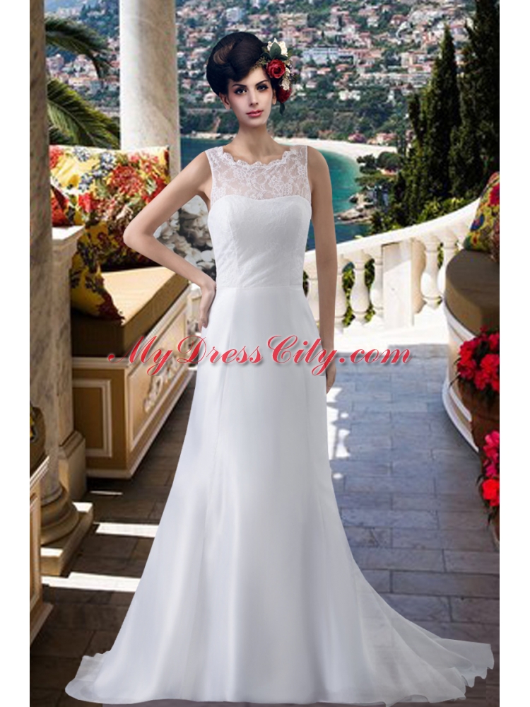 Lace Column Scoop Brush Train Wedding Dresses for Beach