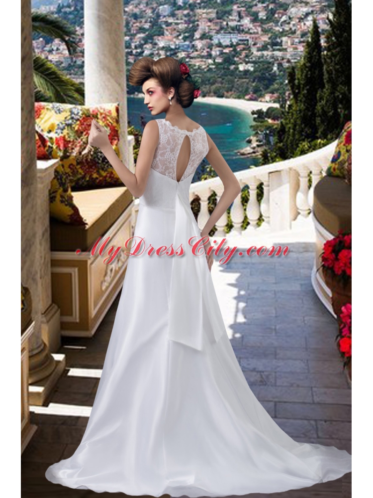 Lace Column Scoop Brush Train Wedding Dresses for Beach