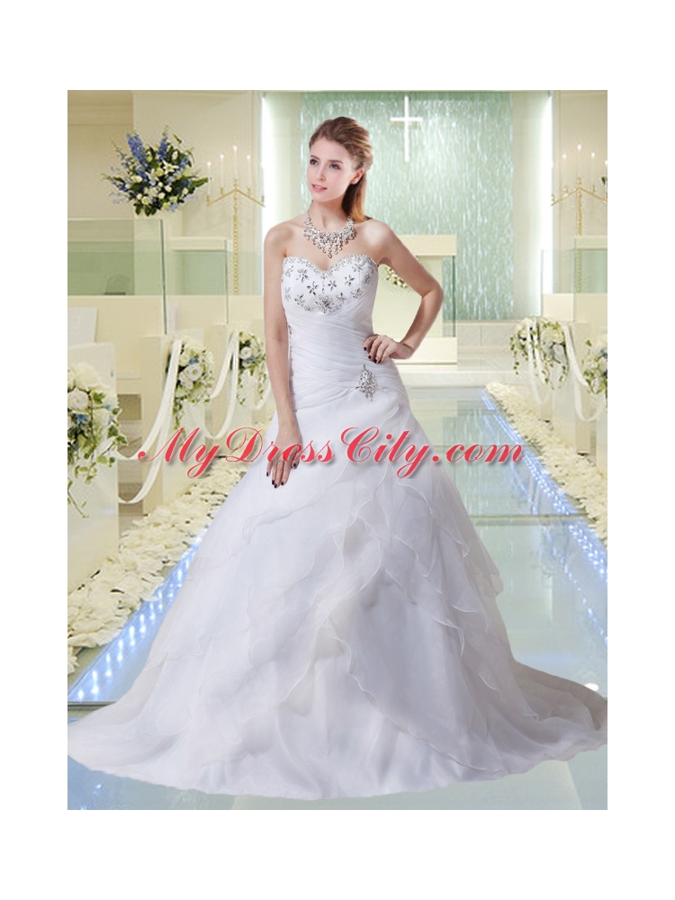 2014 Beautiful A Line Court Train Beading Wedding Dresses with Sweetheart