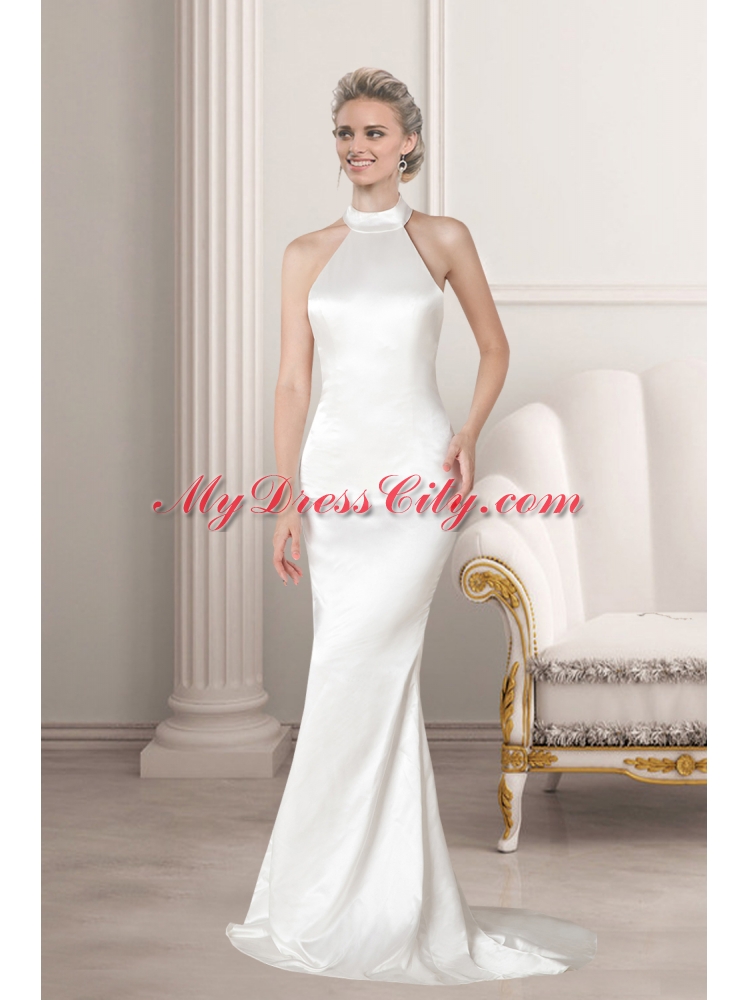 Perfect Column Halter Ivory Wedding Dress with Brush Train
