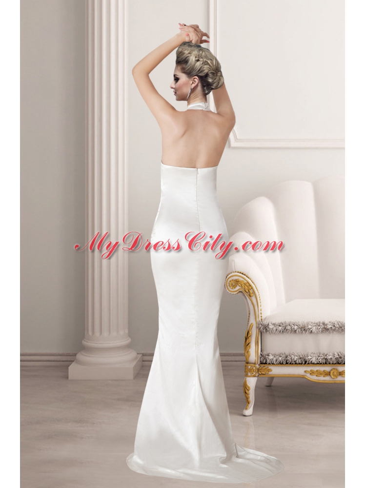 Perfect Column Halter Ivory Wedding Dress with Brush Train