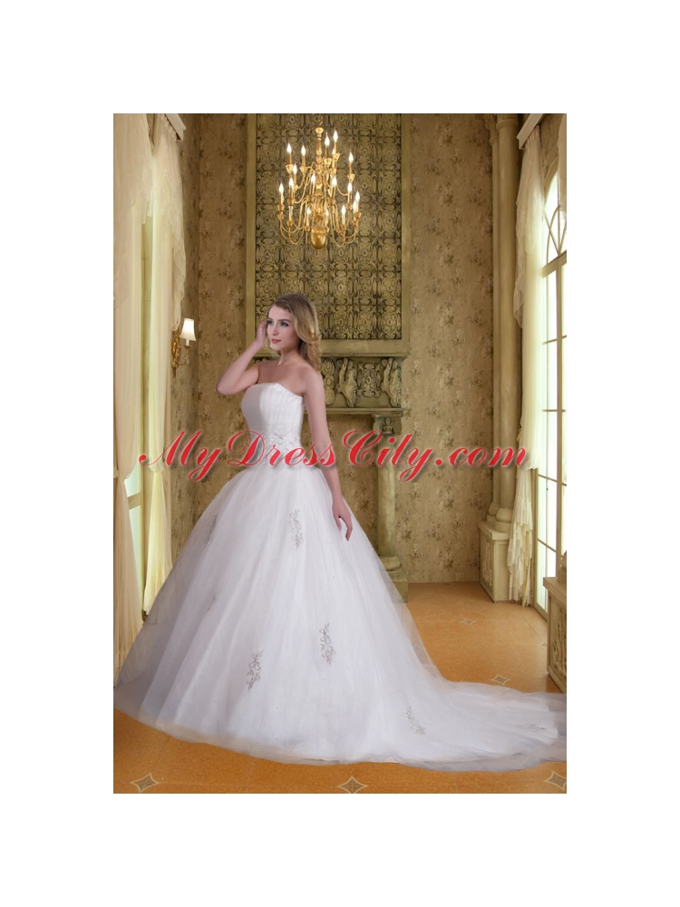 Cheap A Line Strapless Appliques Wedding Dresses with Chapel Train