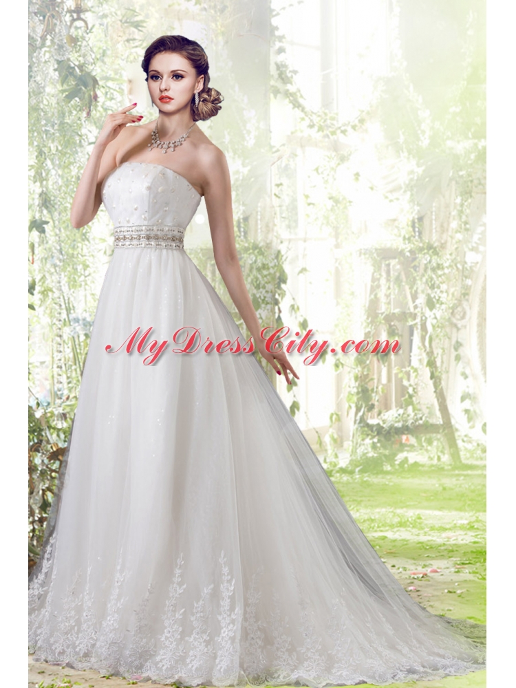 Elegant Lace Strapless Brush Train Wedding Dresses with Beading