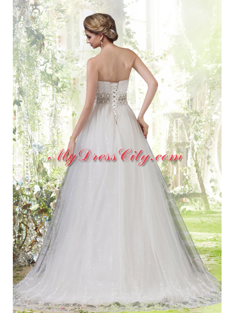 Elegant Lace Strapless Brush Train Wedding Dresses with Beading