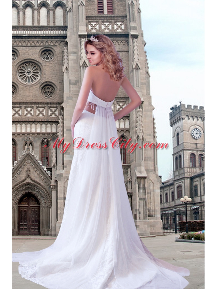 Exquisite Halter A Line Beading Wedding Dress with Watteau Train
