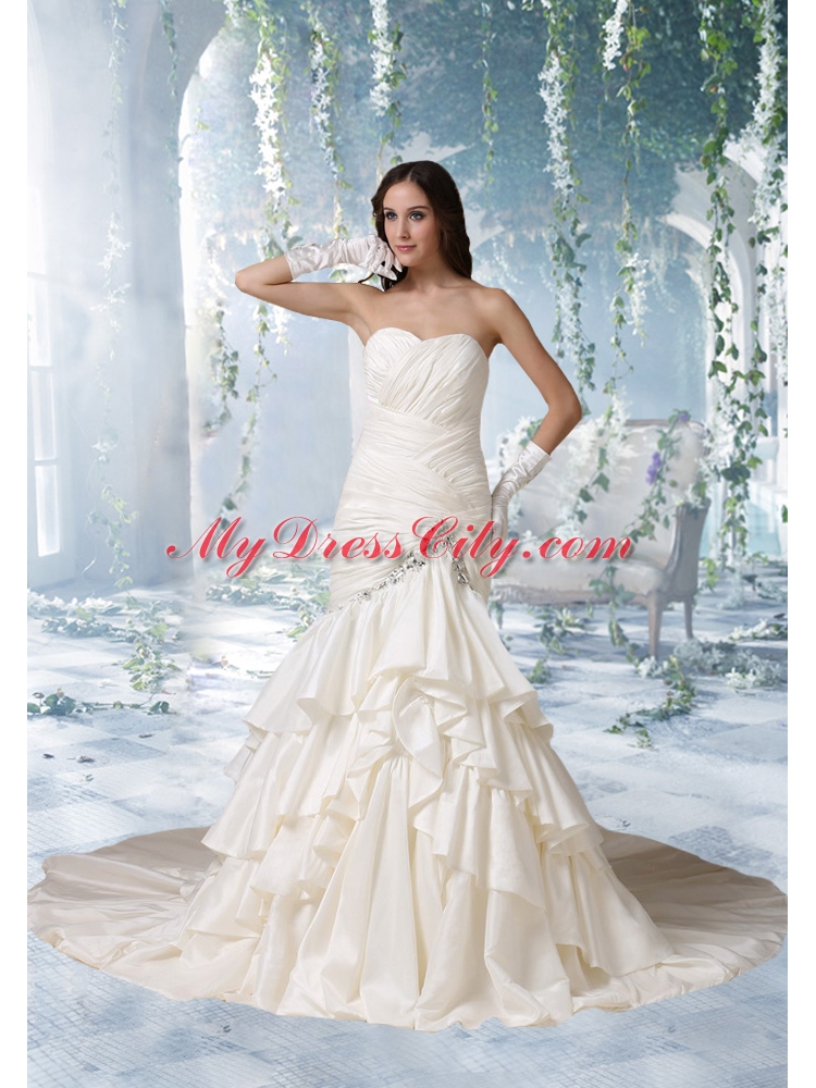 2014 Mermaid Chapel Train Beading Ruffles Wedding Dresses with Sweetheart