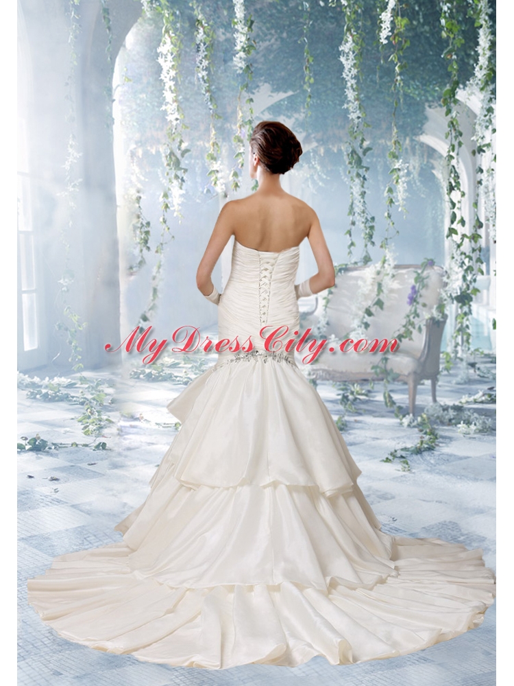 2014 Mermaid Chapel Train Beading Ruffles Wedding Dresses with Sweetheart