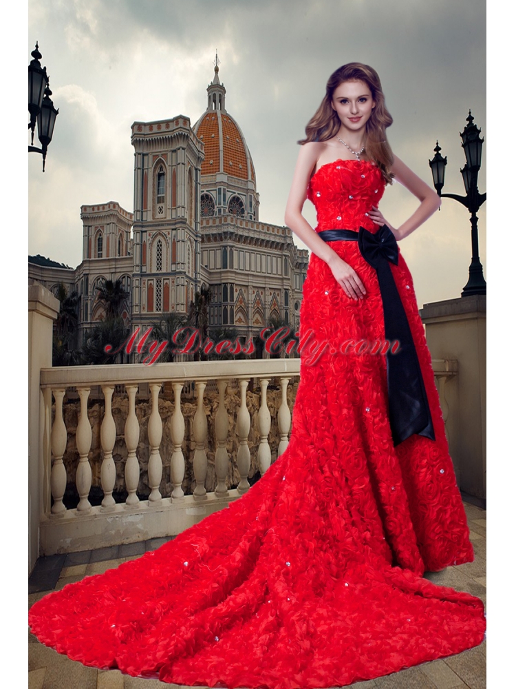 2015 Romantic Red Strapless Cathedral Train Beading and Sash Wedding Dress