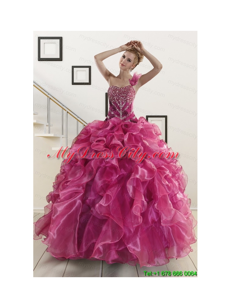 Exclusive Beading One Shoulder Sweet 16 Dresses in Fuchsia