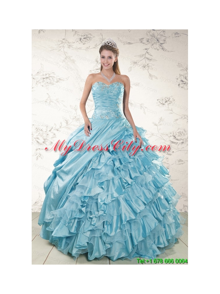 Beading Ruffles Aqua Blue Organza Quinceanera Dresses for 2015