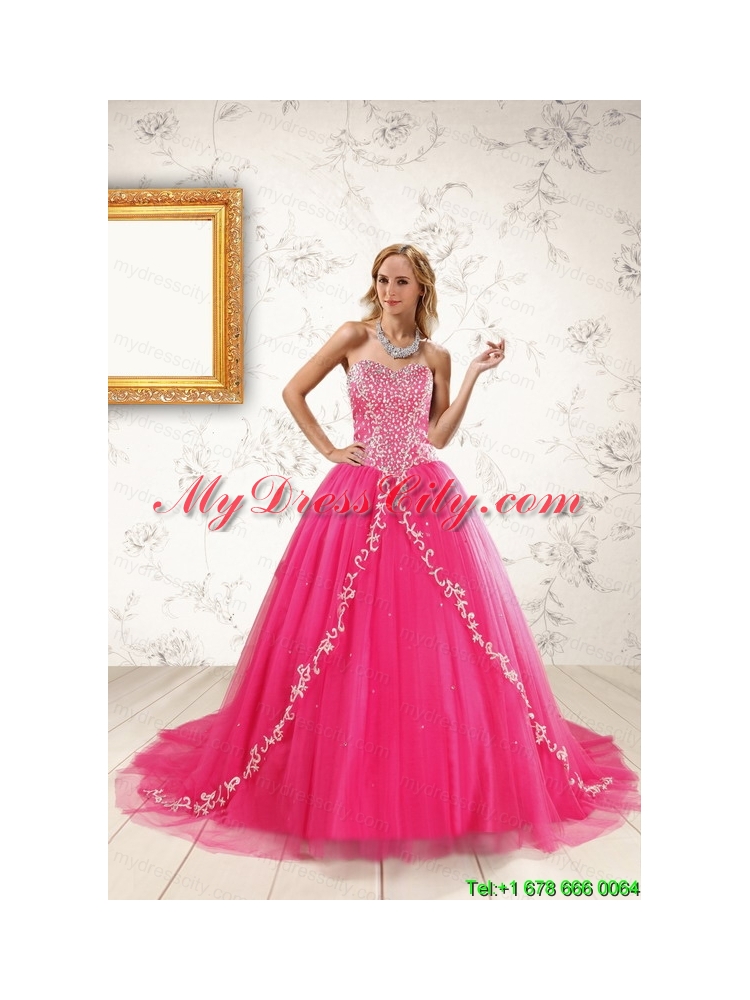 2015 Beautiful Hot Pink Quinceanera Dresses with Beading and Appliques