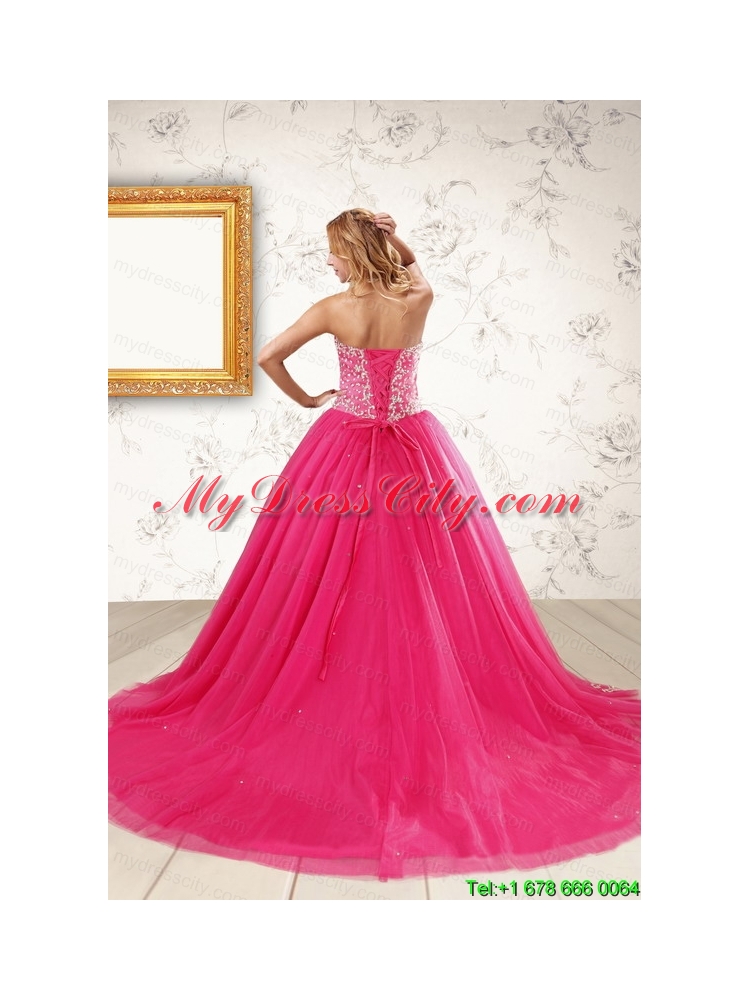 2015 Beautiful Hot Pink Quinceanera Dresses with Beading and Appliques