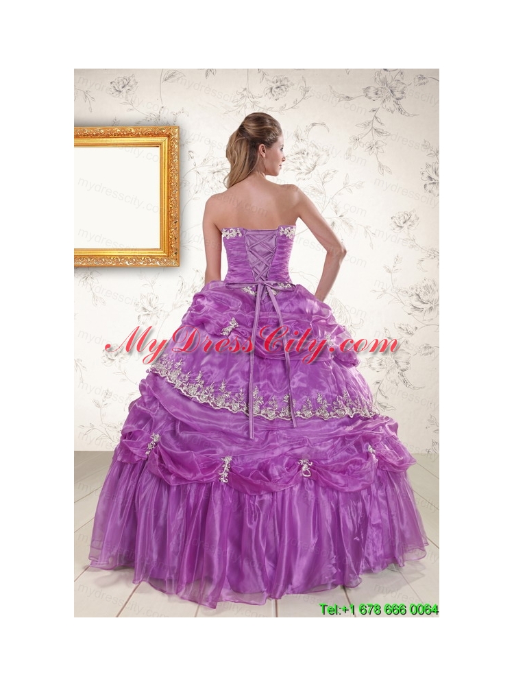 2015 Pretty Strapless Lilac Quinceanera Dresses with Appliques