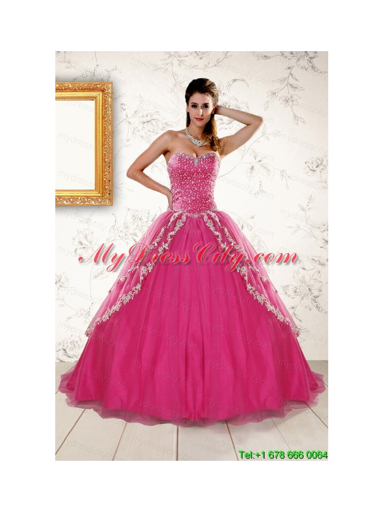 2015 Sweetheart Rose Pink Quinceanera Dresses with Sequins and Appliques