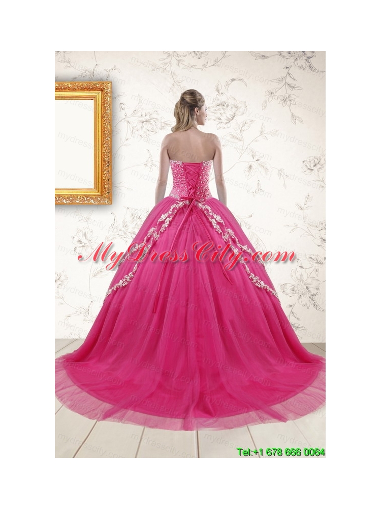 2015 Sweetheart Rose Pink Quinceanera Dresses with Sequins and Appliques
