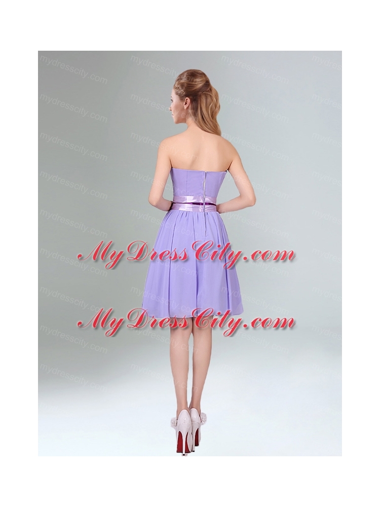 Decent Lavender Ruched Mini Length Bridesmaid Dress with Bowknot Sash