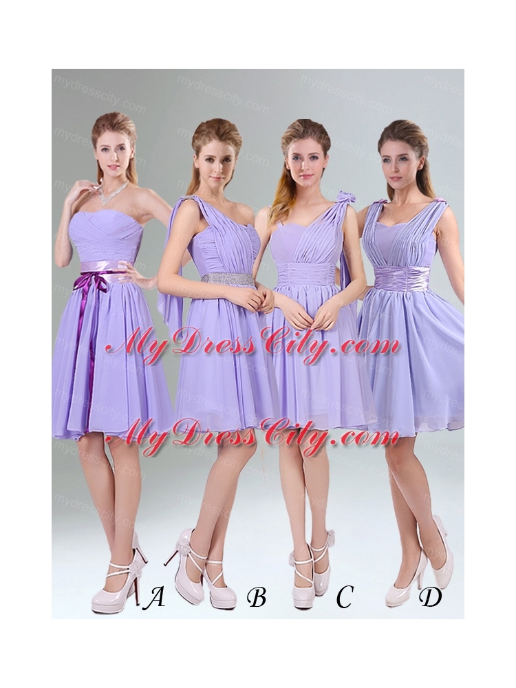 Decent Lavender Ruched Mini Length Bridesmaid Dress with Bowknot Sash