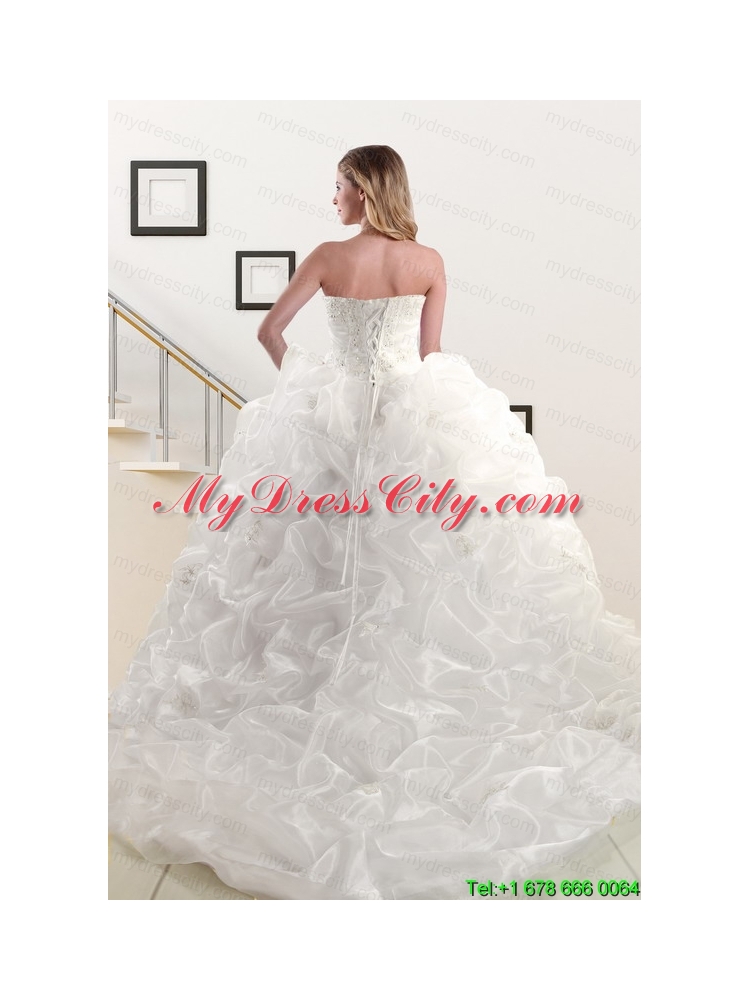 Exquisite Appliques White Brush Train Quinceanera Dresses with Appliques and Pick Ups