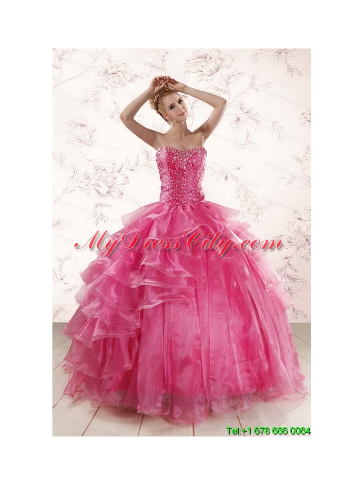 Hot Pink Sweetheart Beading Quinceanera Dresses with Brush Train