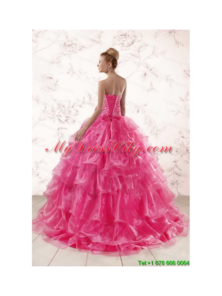 Hot Pink Sweetheart Beading Quinceanera Dresses with Brush Train