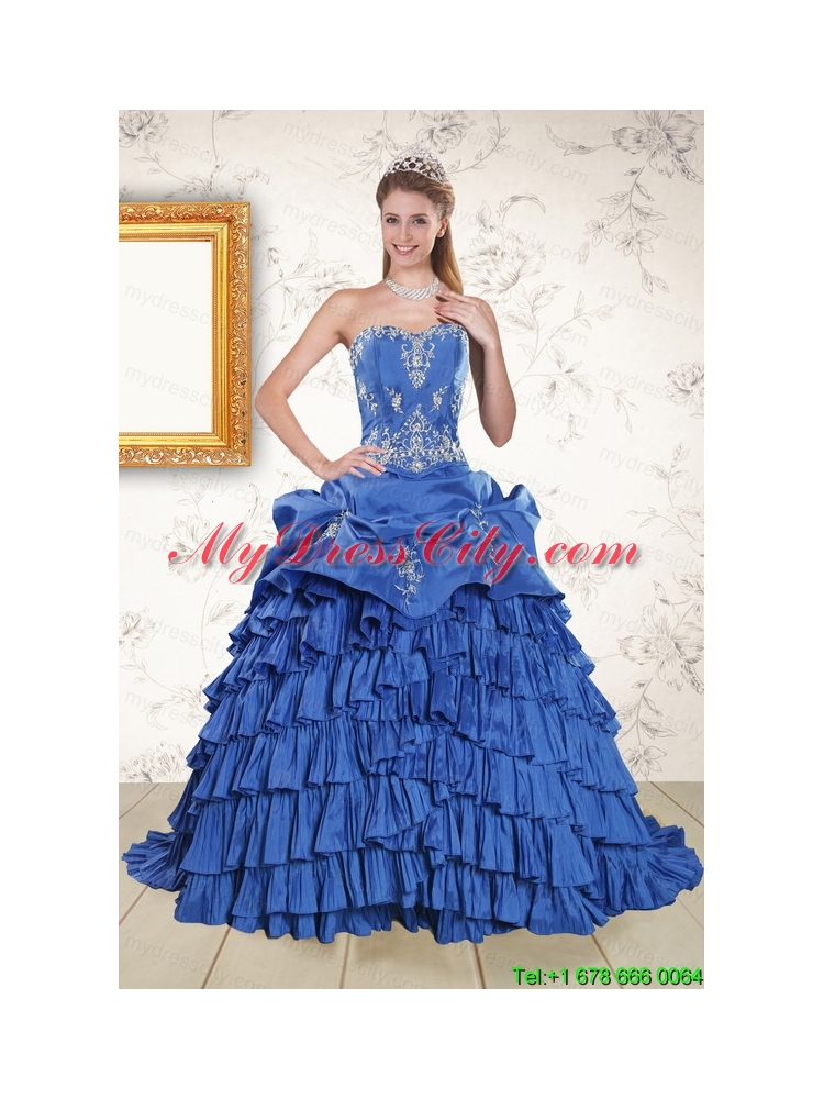 Modern Royal Blue Appliques and Pick Ups Quinceanera Dresses with Brush Train