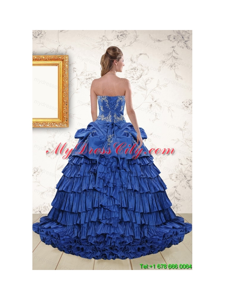 Modern Royal Blue Appliques and Pick Ups Quinceanera Dresses with Brush Train