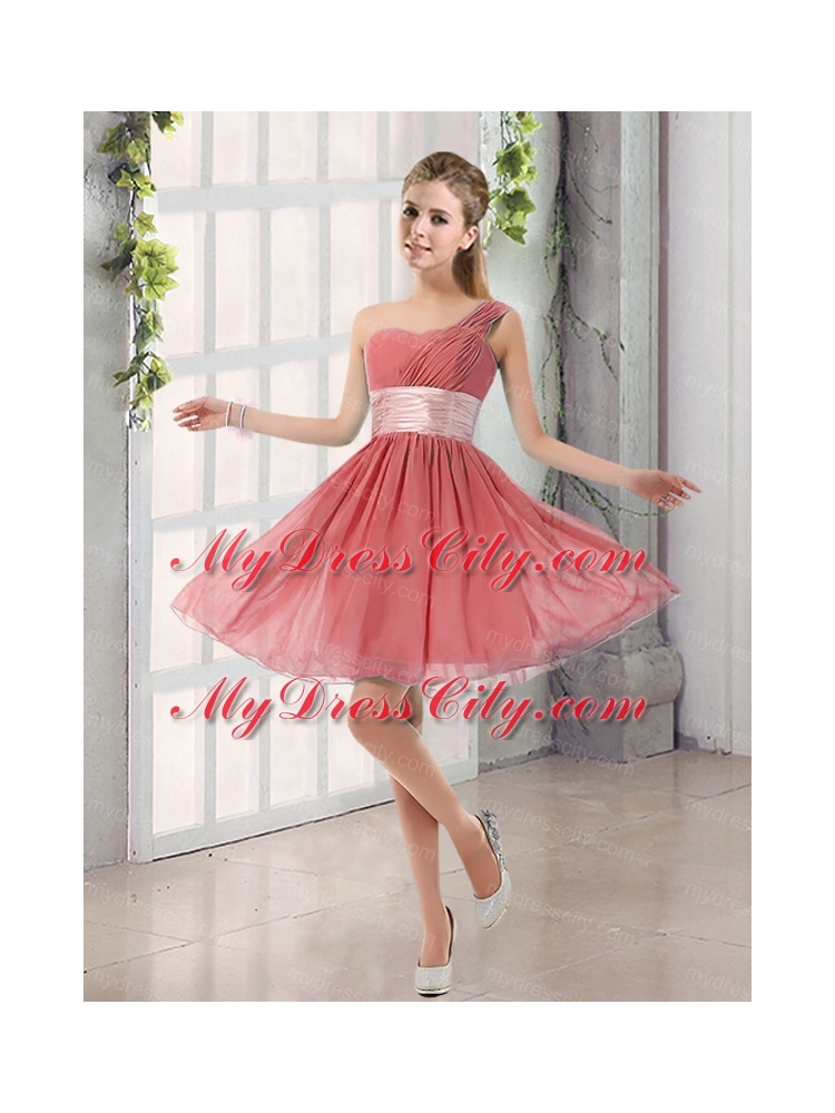 Natural One Shoulder A Line Ruching Lace Up Bridesmaid Dress