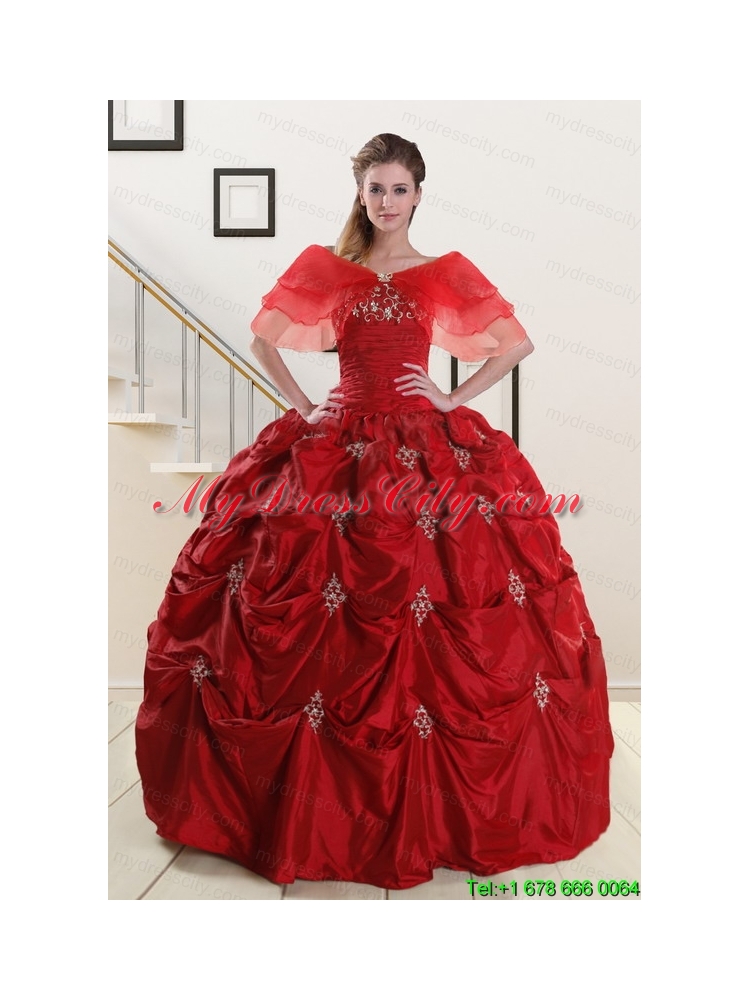 Wine Red Strapless 2015 Quinceanera Dresses with Appliques
