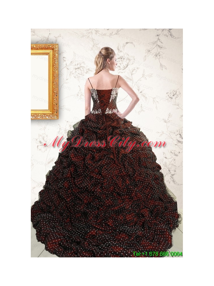 Wonderful Spaghetti Straps Burgundy Sweet 15 Dresses with Appliques and Pick Ups