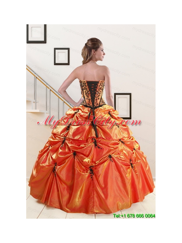 2015 Cheap Orange Red and Black Quinceanera Dresses with Appliques