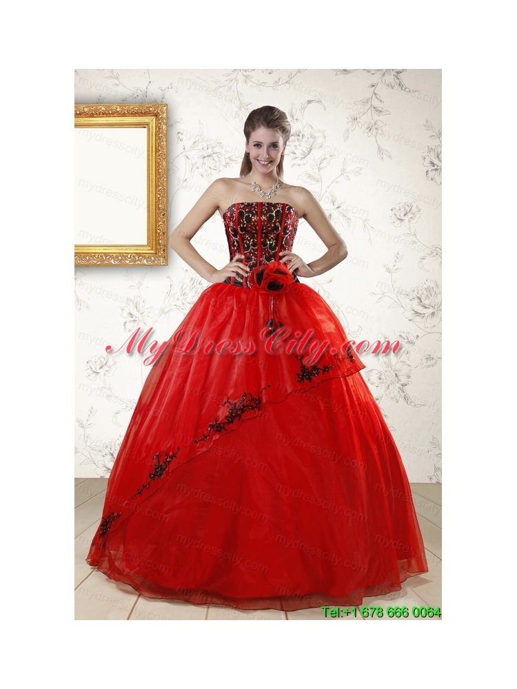 Red Appliques Strapless Quinceanera Dresses for 2015