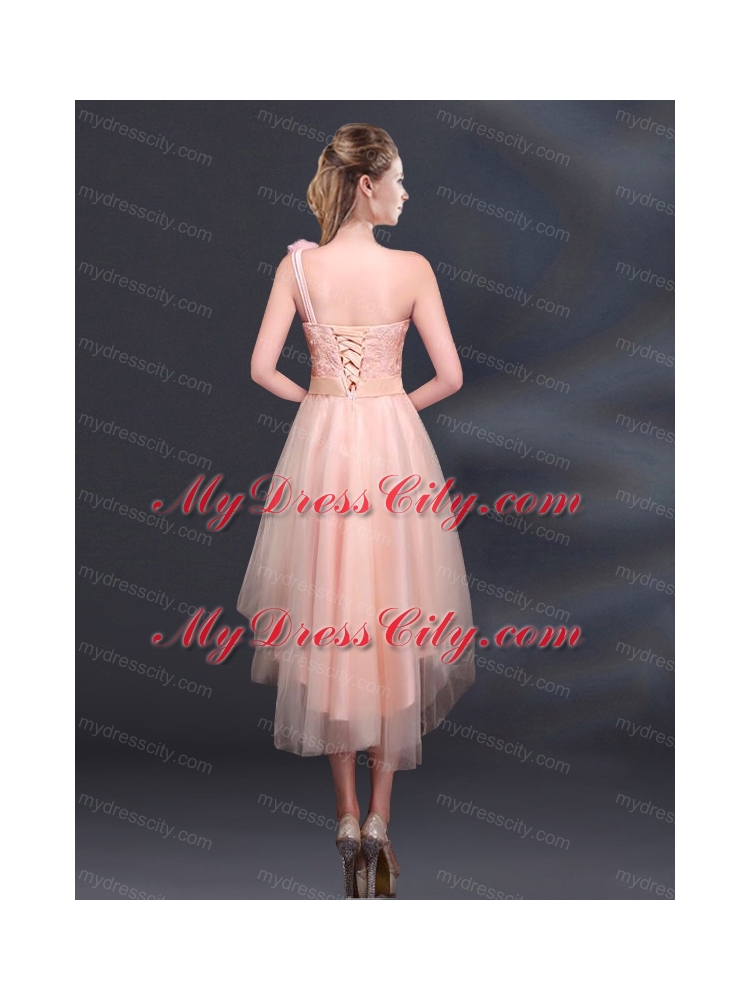 2015 Bowknot High Low Lace Up Bridesmaid Dress with One Shoulder