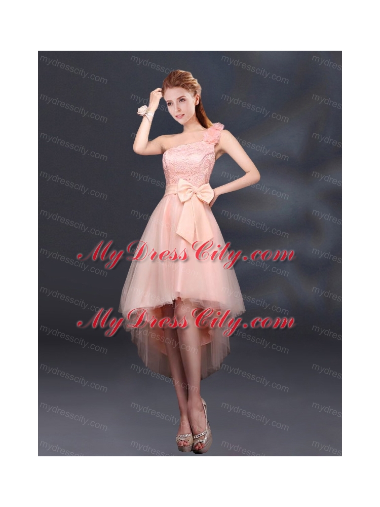 2015 Bowknot High Low Lace Up Bridesmaid Dress with One Shoulder