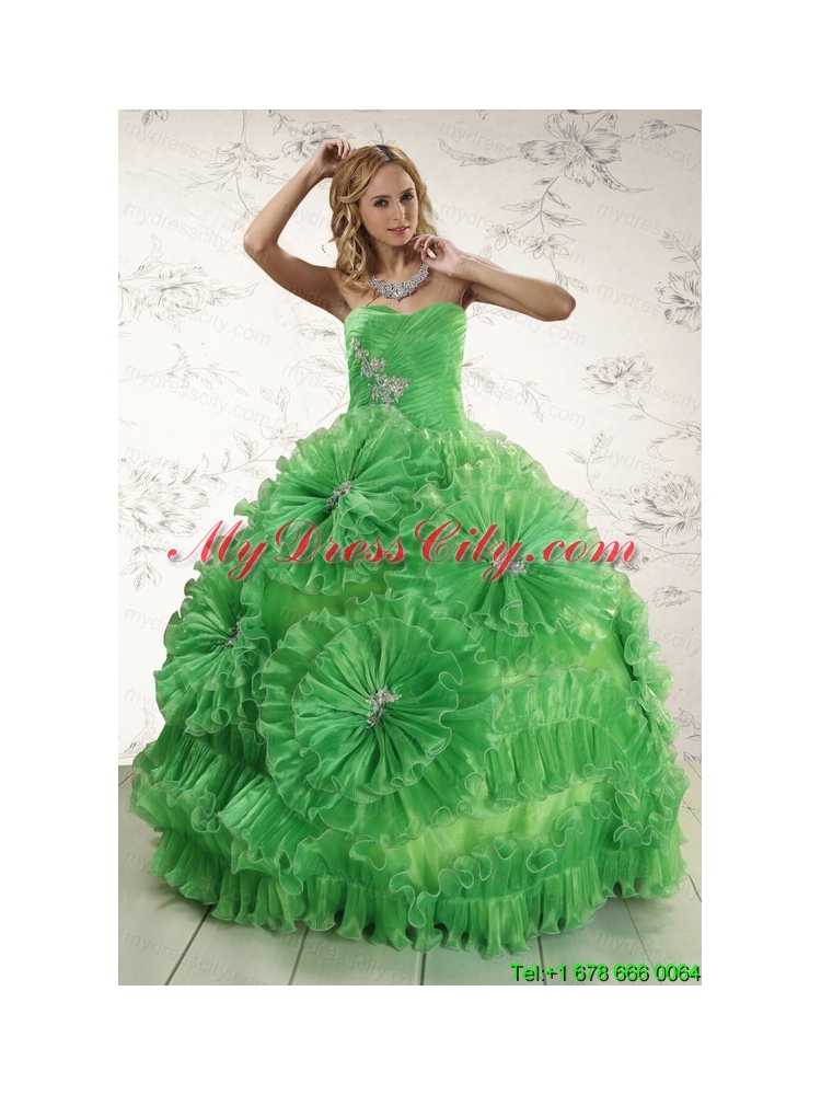 2015 Classical Sweetheart Green Quinceanera Dresses with Appliques and Ruffles