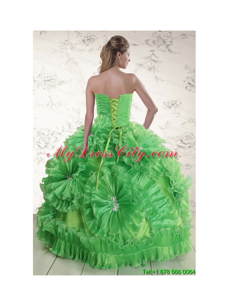 2015 Classical Sweetheart Green Quinceanera Dresses with Appliques and Ruffles