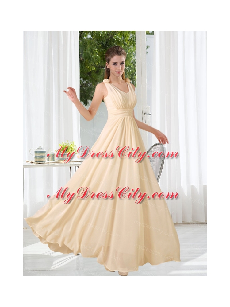 2015 Modest V Neck Empire Ruching Bridesmaid Dress