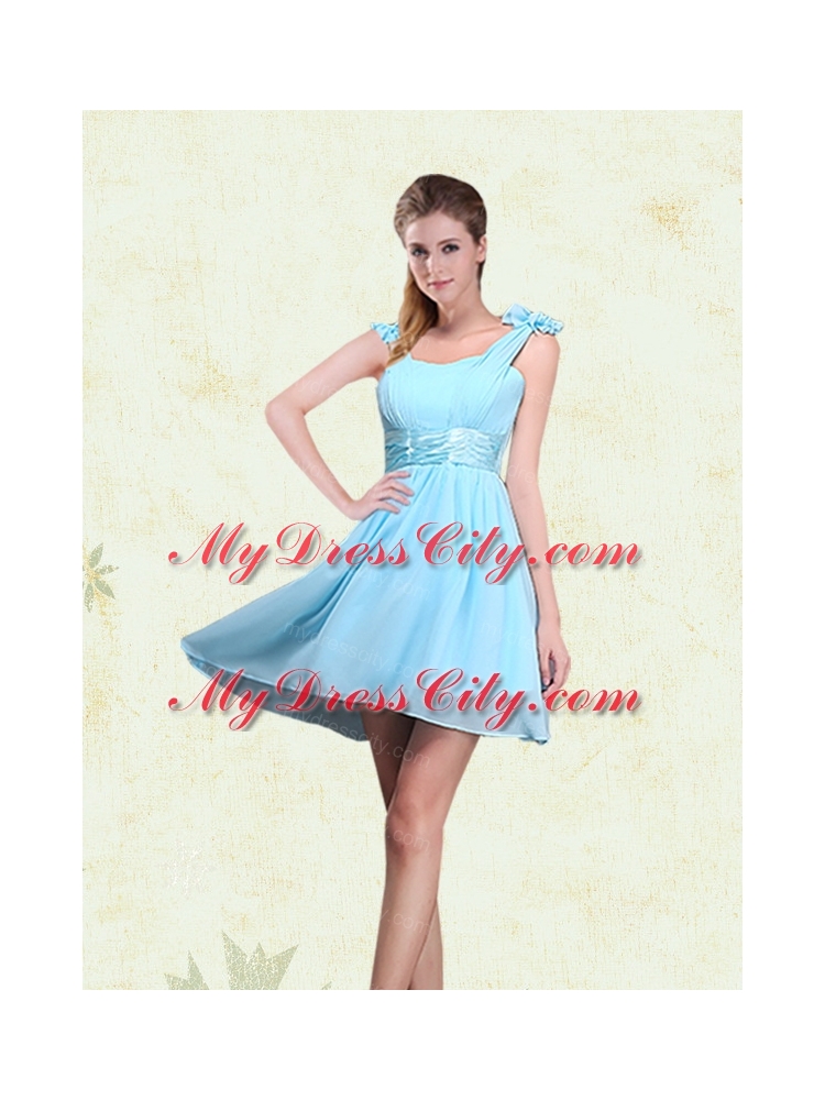 2015 Ruching Chiffon Aqua Blue Bridesmaid Dresses with Mini Length