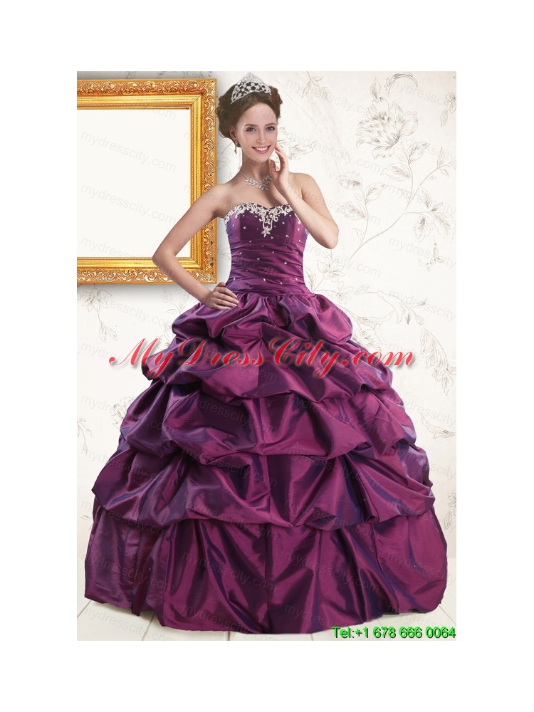 2015 Sweetheart Purple Quinceanera Dresses with Appliques and Pick Up