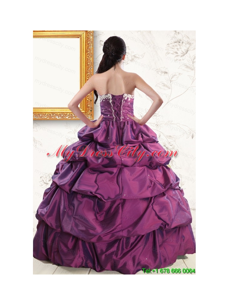 2015 Sweetheart Purple Quinceanera Dresses with Appliques and Pick Up