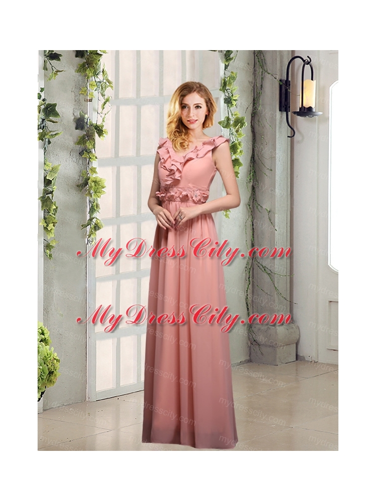V Neck Empire Appliques Bridesmaid Dresses with Floor Length