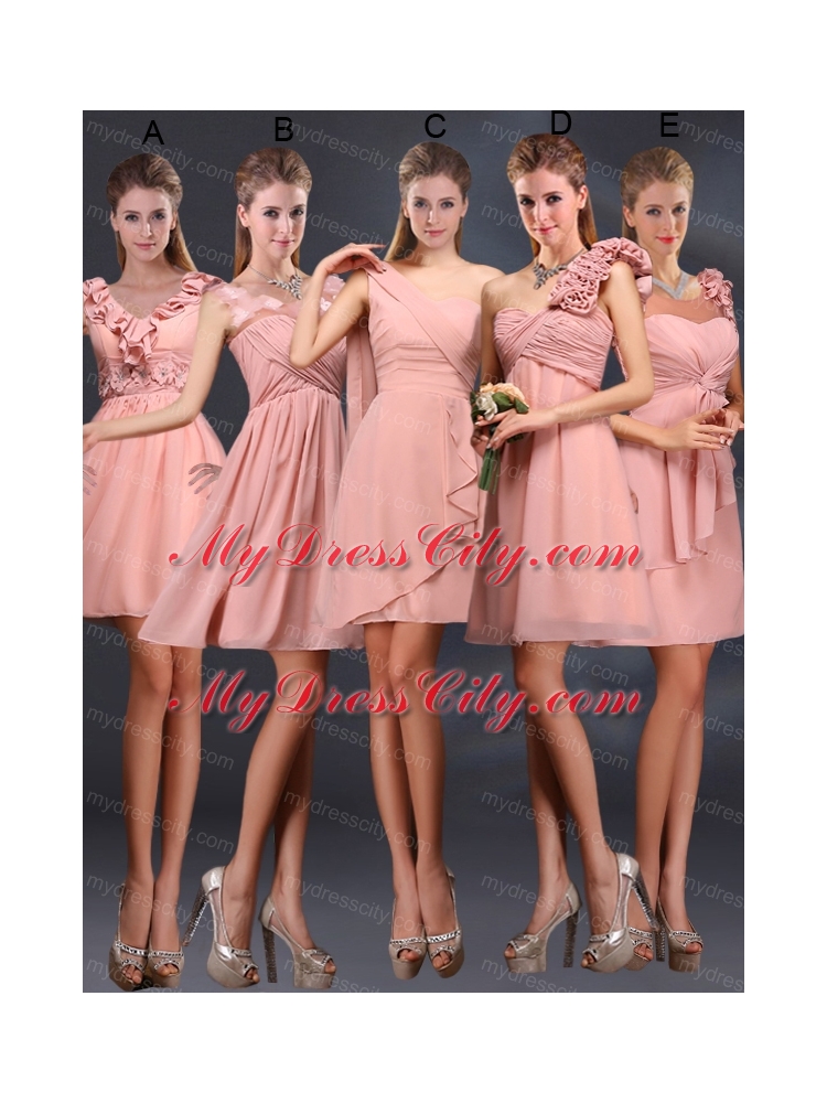 2015 One Shoulder Ruching Chiffon Bridesmaid Dresses in Peach