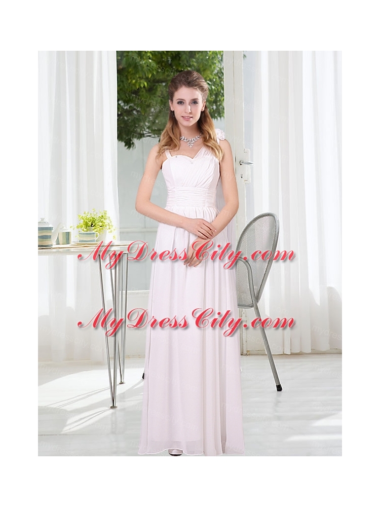 2015 White Empire Ruching Bridesmaid Dresses with Asymmetrical