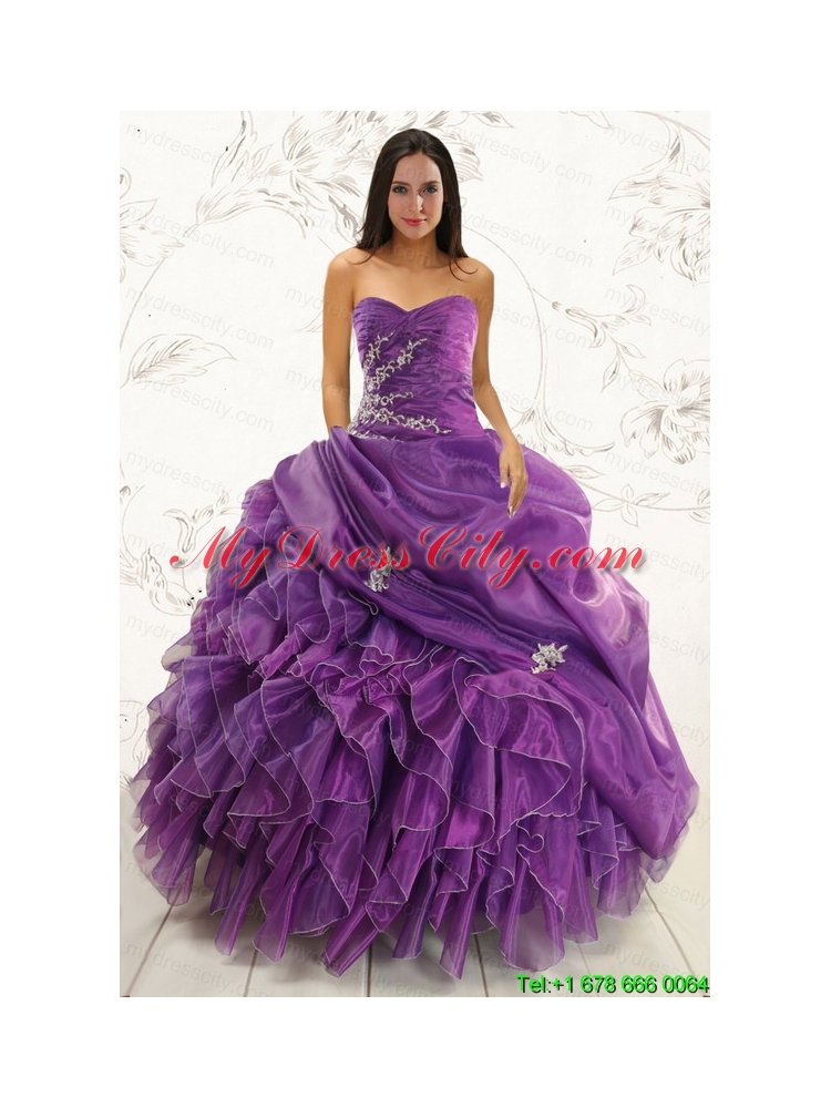 2015 Romantic Purple Ball Gown Quinceanera Dress with Appliques and Ruffles